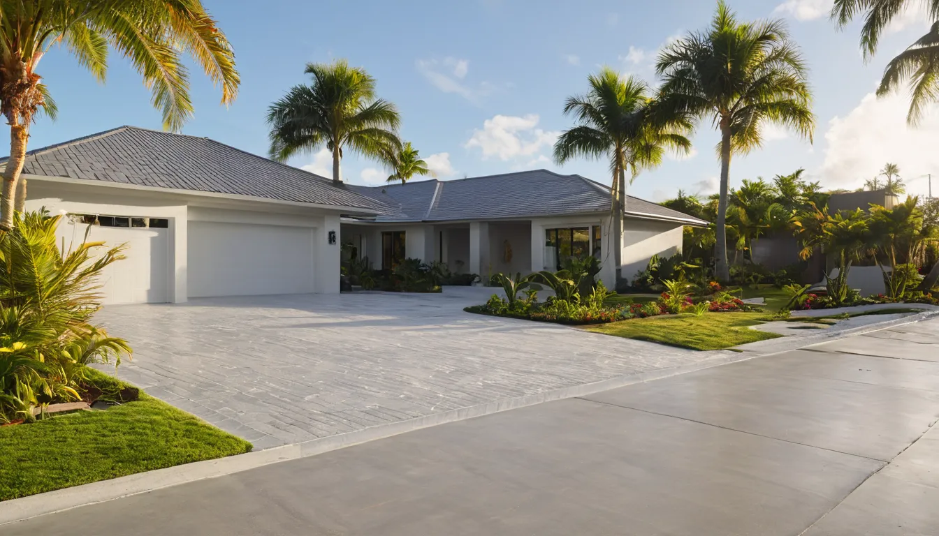 Fresh broom-finished concrete driveway in front of a single-story block home in Boca Raton
